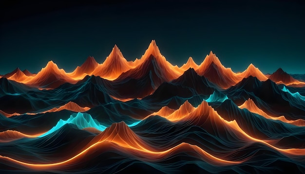 Vector 3d rendered mountains with glowing lines in shades of orange and teal creating a futuristic and abstract landscape