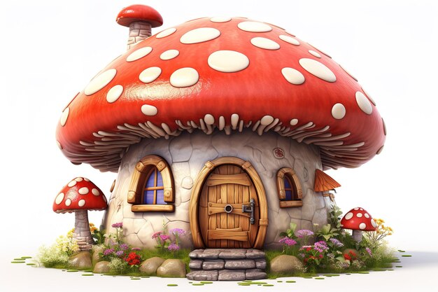 Vector 3d rendering of fantasy mushroom cottages in magical forest