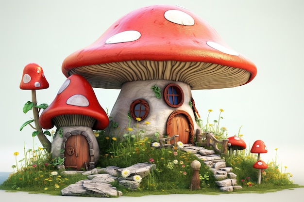 3d rendering of fantasy mushroom cottages in magical forest