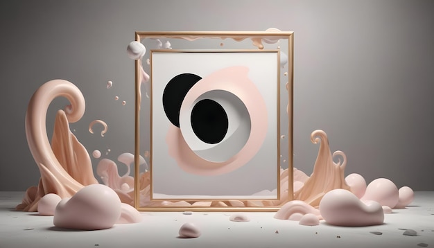 Vector 3d rendering of a golden frame holding a abstract artwork with a black circle pink shapes