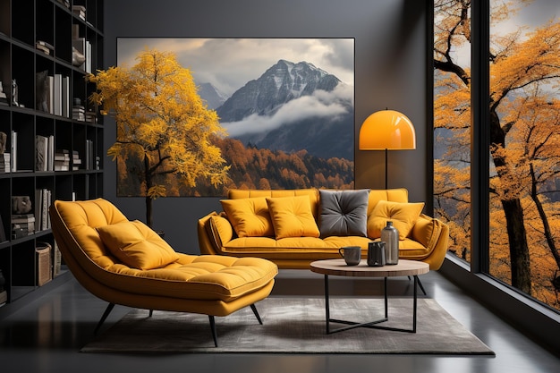 3d rendering living room with sofa near winter scene outside window