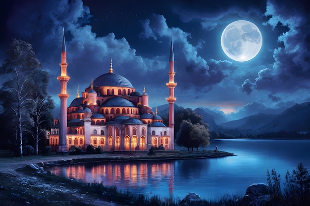 3d rendering of mosque night view