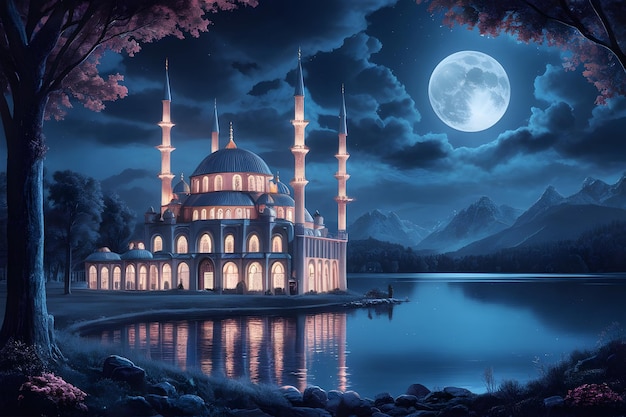 3d rendering of mosque night view