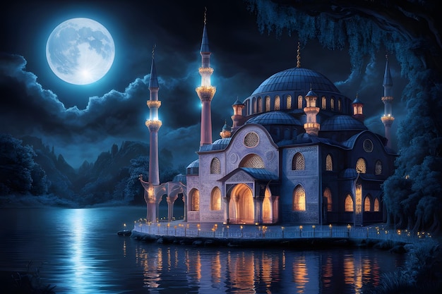 3d rendering of mosque night view