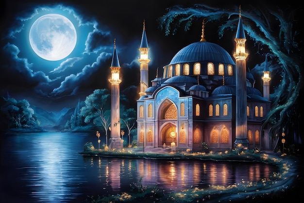 3d rendering of mosque night view