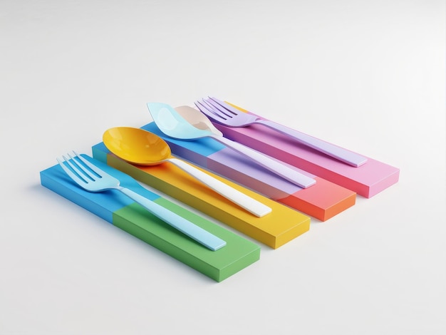 Vector 3d rendering plastic disposable cutlery cup cup and cutlery on light background zero waste