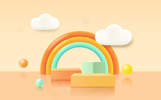 3D rendering podium, colorful pastel background, clouds and weather with empty space for kids or baby product