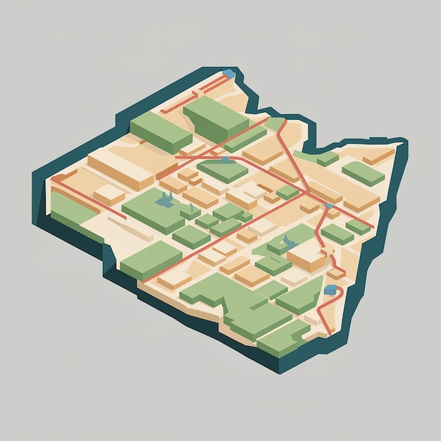 A 3D representation of a map possibly of a city or region The map is colorcoded with various shad