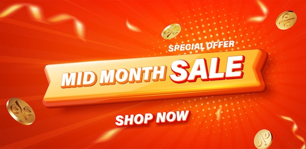 3D Ribbon Mid month sale banner template design for web or social media