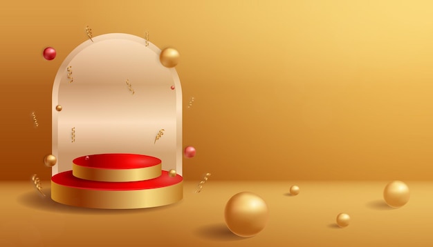 3d room with realistic red and gold cylinder podium background