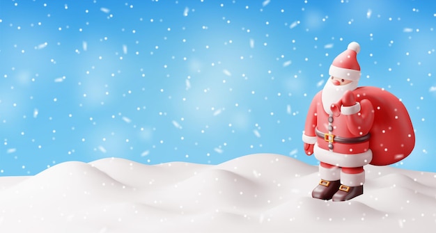 3D Santa Claus Character with Gift Bag in Snow Render Standing Christmas Santa Happy New Year Decoration Merry Christmas Holiday New Year and Xmas Celebration Realistic Vector Illustration