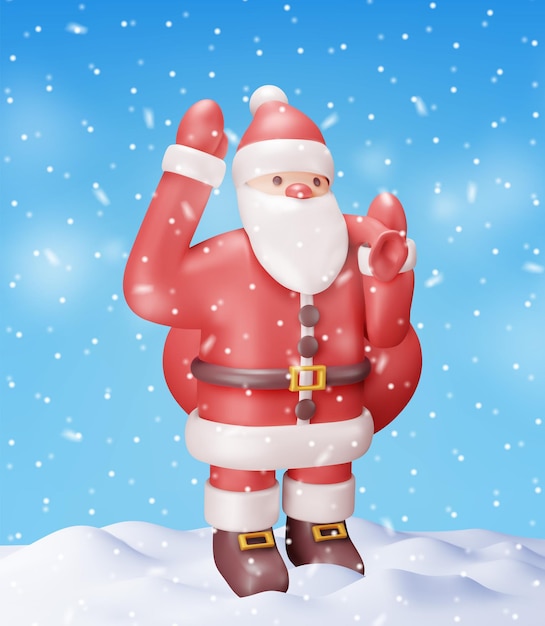 3D Santa Claus Character with Gift Bag in Snow Render Standing Christmas Santa Happy New Year Decoration Merry Christmas Holiday New Year and Xmas Celebration Realistic Vector Illustration