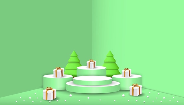 3d scene composition for christmas with podium gift boxes and tree