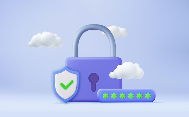 3d security shield lock check mark and cloud cyber protection 3d rendering Password protected icon for mobile applications and website concept Vector illustration