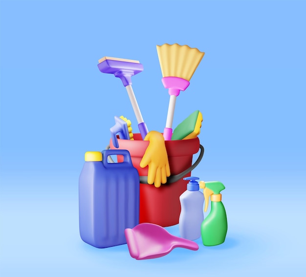 Vector 3d set of home cleaning tools isolated