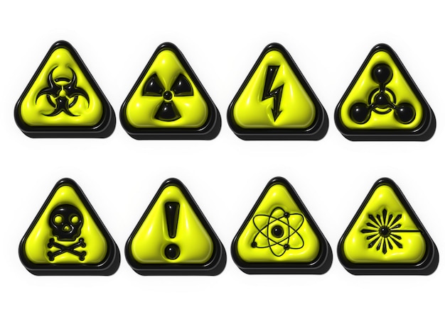 3D set of warning signs such as chemical physical electrical atomical and death risk biohazard