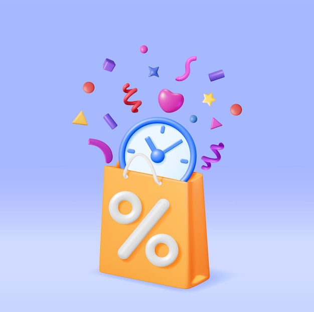 3D Shopping Bag with Clocks and Confetti