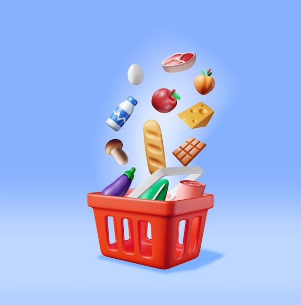 3D Shopping Plastic Basket with Fresh Products Render Grocery Store Supermarket Food and Drinks