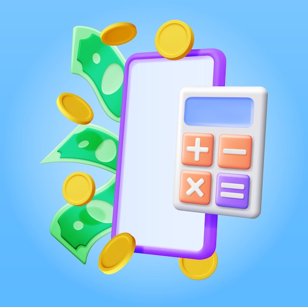 3D Smartphone with Money and Calculator