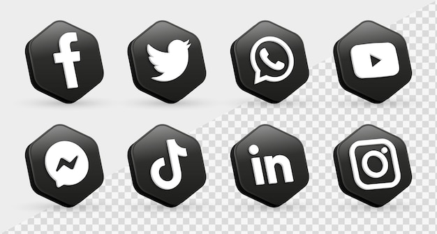 3d social media icons logos black dark hexagon frame meta facebook instagram youtube networking icon