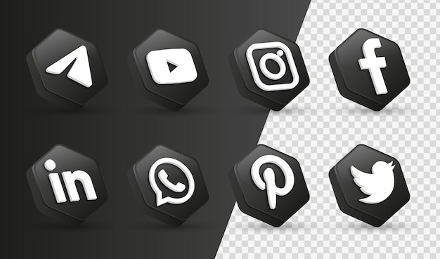 Vector 3d social media icons logos in modern black frame facebook instagram networking logo icon