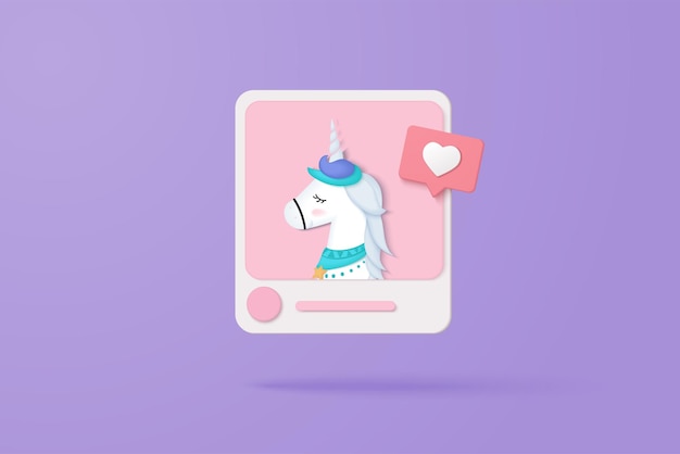 3D Social media online platform concept online social communication on applications Photo frame with unicorn and love emoji icon like and play in red bubble 3d icons 3d vector render concept