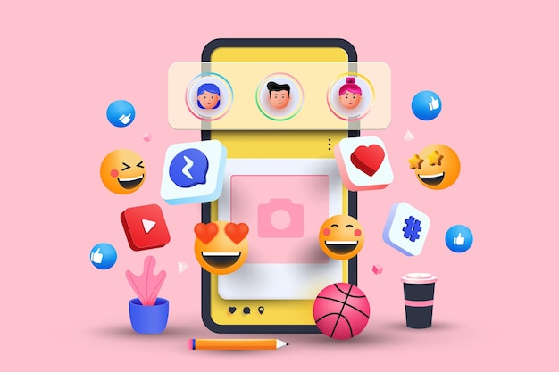 3D Social media platform online social communication applications concept emoji hearts chat and chart with smartphone background 3d Vector illustration