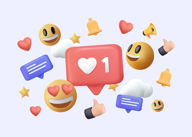 3D Social media platform Social media 3d concept Like heart thumbs up and smile emoji