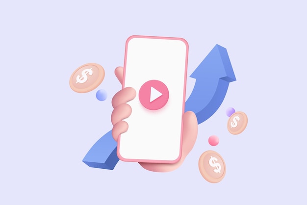 3d social media with live streaming on mobile phone in holding hand Social media online playing video for make money passive income concept 3d mobile entertainment vector render illustration