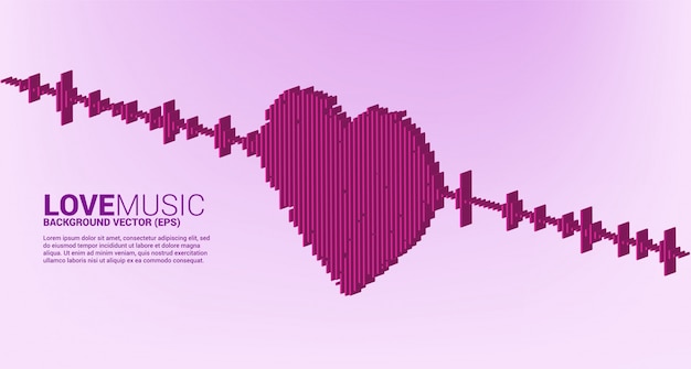 Vector 3d sound wave heart icon music equalizer background. love song music visual signal