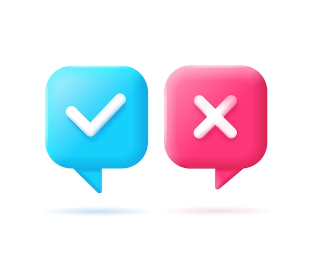 3d Speech Bubble Icons with Check Mark Cartoon Style Vector