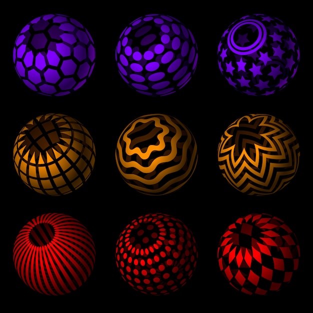 Vector 3d spheres collection on black. striped and dotted surfaces.