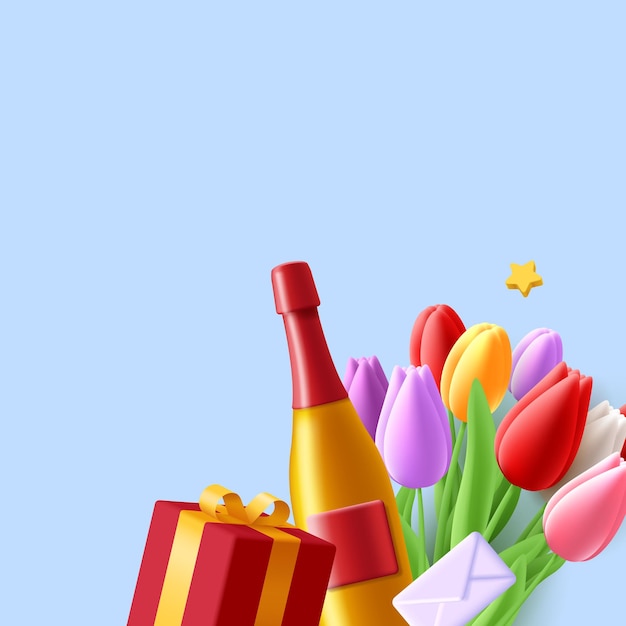 3d spring greeting composition with tulip flowers bouquet gift box and wine bottle with love letter envelope