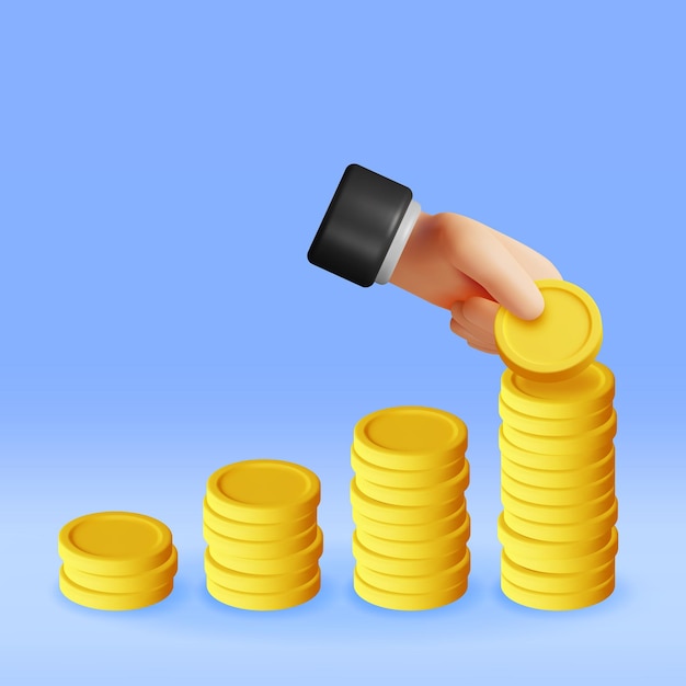 3D Stack of Gold Coins and Hand