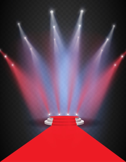 3d stage with scene illumination light, transparent flash light effect, sunlight special lens. Bright gold flashes and lighting with spotlights.