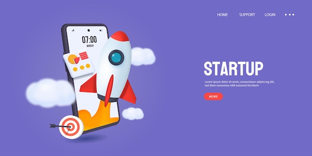 3d for startup launch banner with smartphone and rocket flying from screen