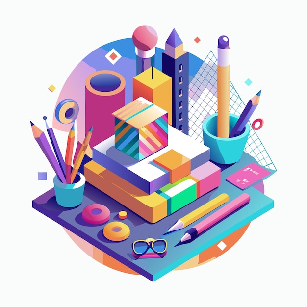 3D stationery items isometric on white background