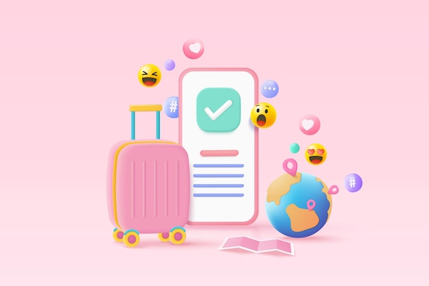 3D suitcase and buy travel ticket online on mobile phone Planning for tourism on summer vacation concept 3d globe vector of travel online booking service on smartphone rendering illustration