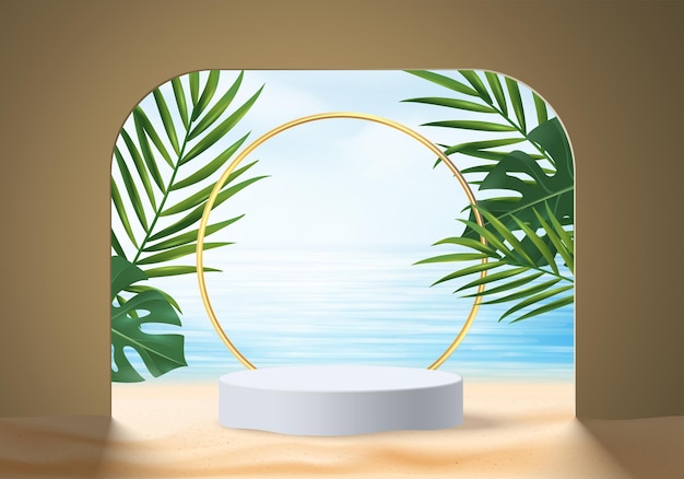 3d summer background product display scene with leaves.  white podium display on beach in sea