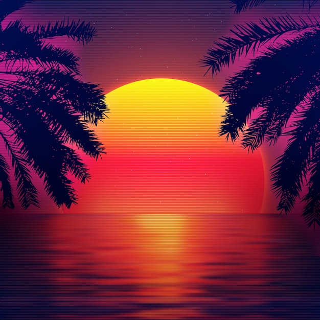 3d sunset on the beach. Retro palms vector sci fi background with ocean. Sun reflection in water. Futuristic landscape 1980s style. Digital landscape cyber surface. 80s party background.