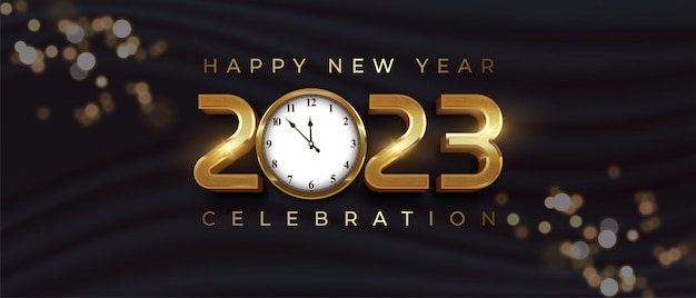 3D text happy new year 2023 gold Styles banner with a clock icon on the number