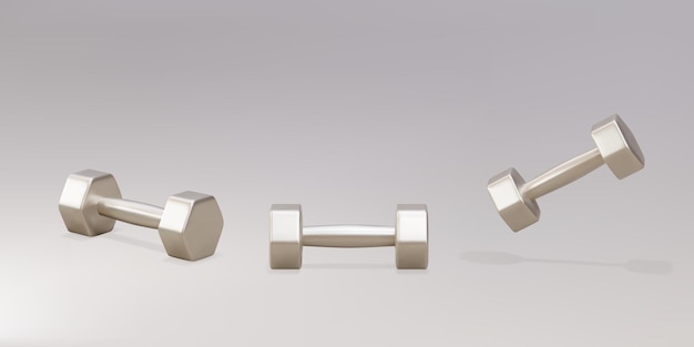 3d three realistic gold dumbbells isolated on grey background