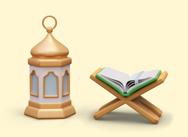 3D traditional Arabic lantern open Quran on wooden book stand