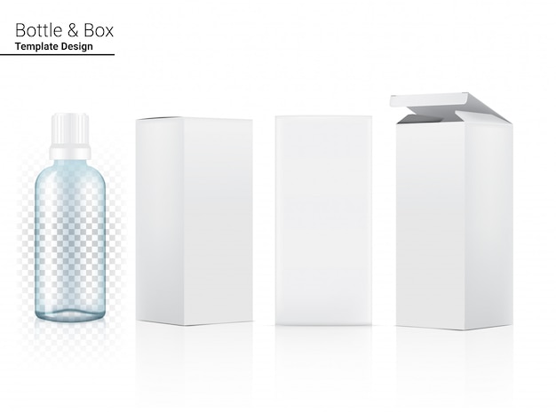 3D Transparent Bottle   Realistic for Drink and Box for Product   Illustration. Health Care and Beverage Concept Design.