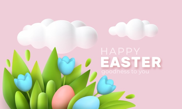 3D trendy Realistic Easter greeting card, banner with flowers, Easter eggs and clouds. Spring floral Modern 3d Easter graphic concept. Vector illustration EPS10