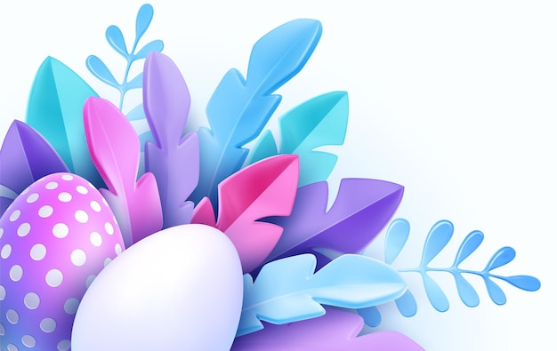 3D trendy Realistic Easter greeting card, banner with flowers, Easter eggs