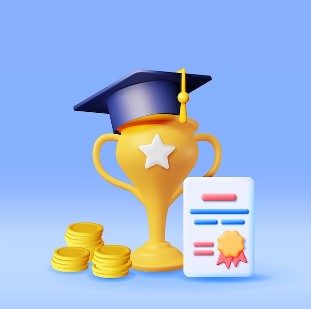 3D Trophy Graduation Cap and Diploma with Money