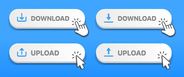 3D upload and download buttons. Up down arrow bottom side symbol. Click here button for UI UX