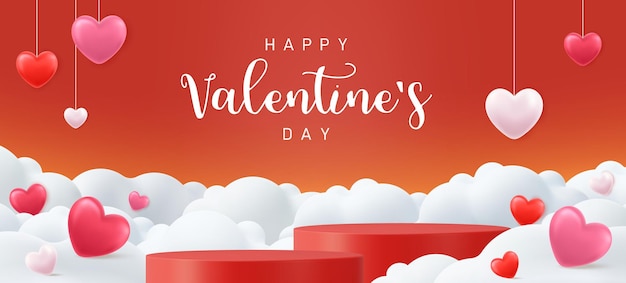 3d Valentines day background with product display and Heart Shaped Balloons