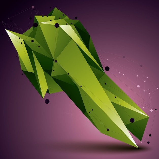 3D vector abstract design object, green polygonal complicated figure with lines mesh.